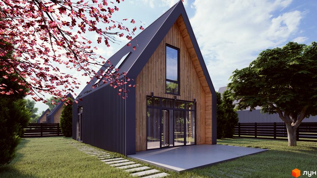 Котеджне містечко KM Freeland: двоповерховий будинок з дерев'яним фасадом та великими вікнами, оточений зеленою галявиною та квітучими деревами.