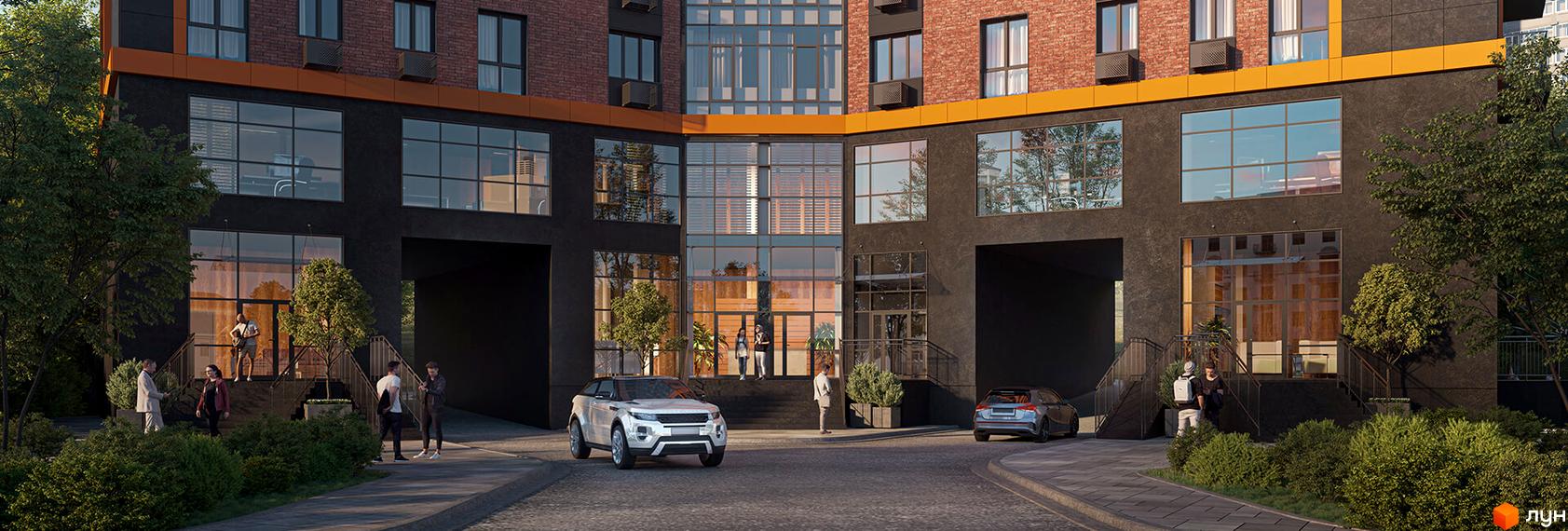 Фасад будівлі житлового комплексу Urban One Klochkivska з великими вікнами та вхідною групою. На території є автомобілі та зелені насадження.