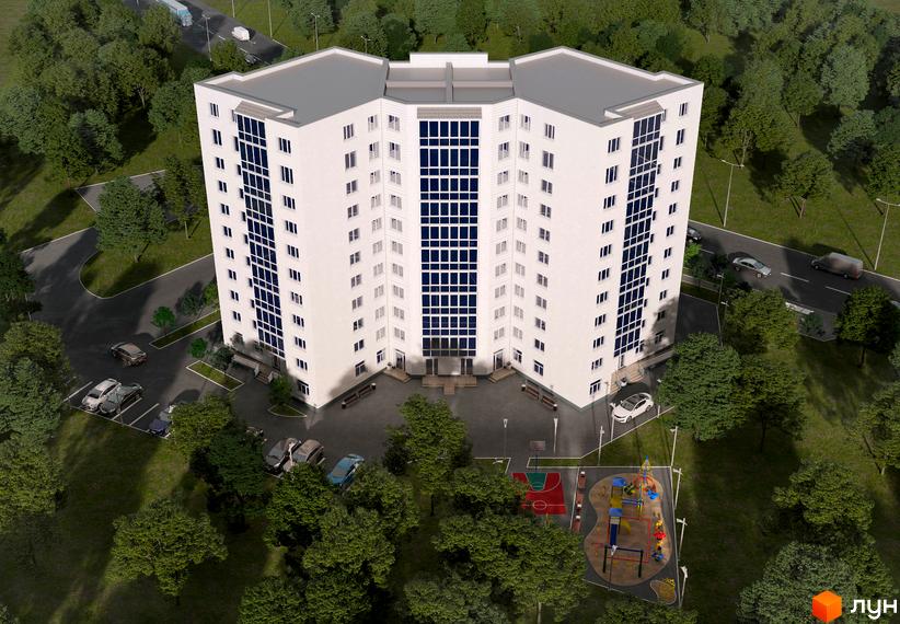 Багатоповерховий житловий комплекс з білим фасадом та темними вікнами, розташований біля зеленої зони з дитячим майданчиком та парковкою.