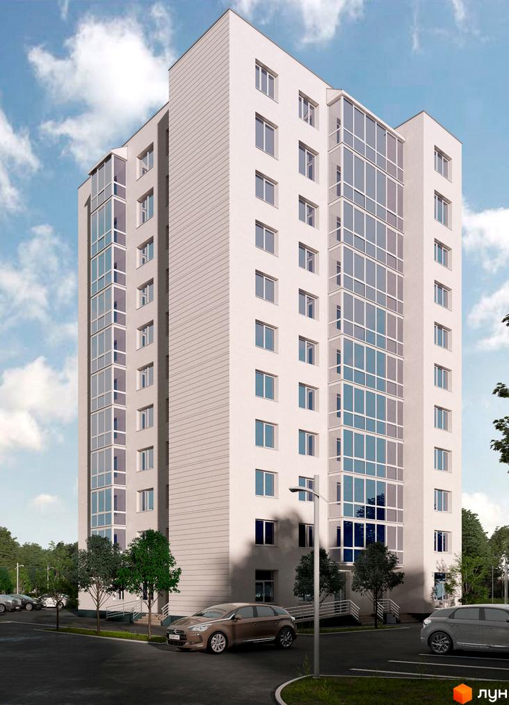 Висотна біла новобудова з великими вікнами. На прибудинковій території є парковка для автомобілів та зелені насадження.