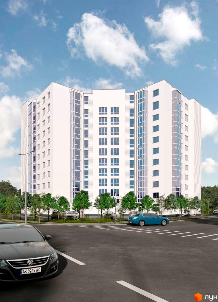Висотна біла новобудова з панорамним склінням. На прибудинковій території є парковка, дерева та блакитний автомобіль.