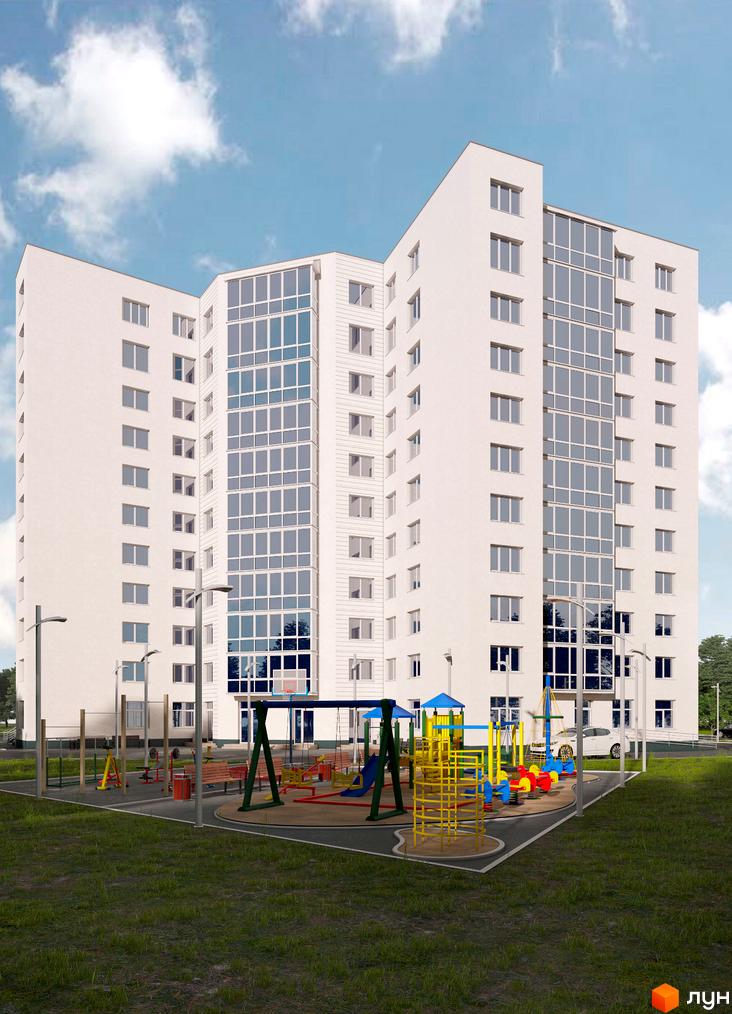 Висотна біла новобудова з великими вікнами та дитячим майданчиком на території. ЖК на вулиці Весняна, 9.
