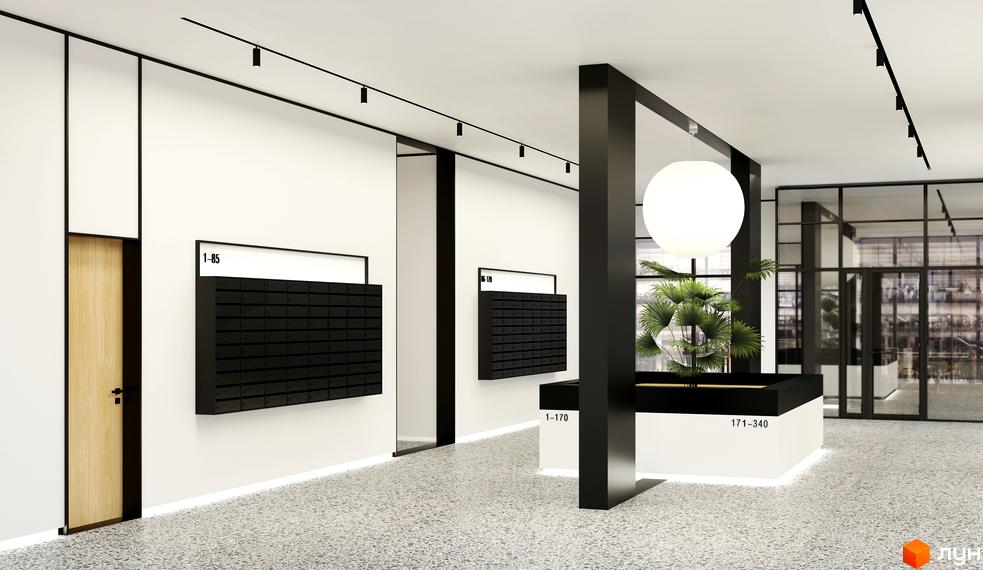 Інтер'єр лобі Житлового комплексу BOSTON Creative House з поштовими скриньками та зоною відпочинку з рослинами.