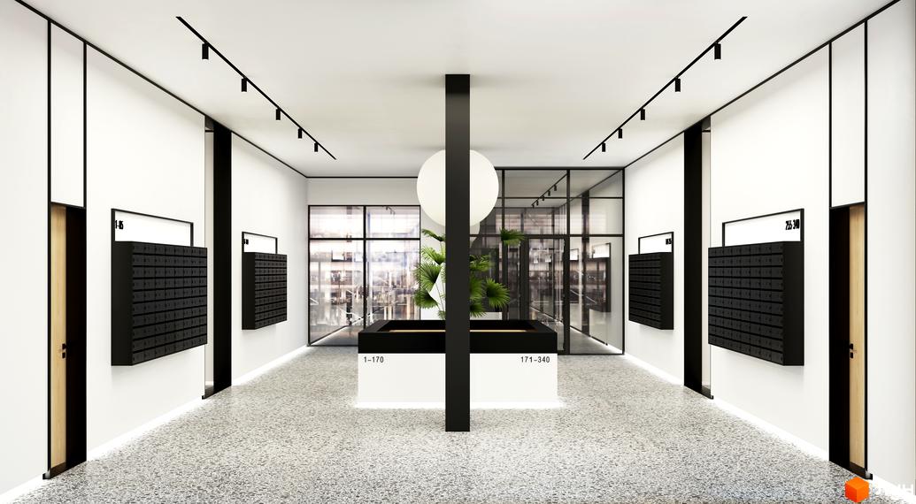 Просторий інтер'єр лобі житлового комплексу BOSTON Creative House з чорно-білим оформленням, поштовими скриньками та скляними стінами.