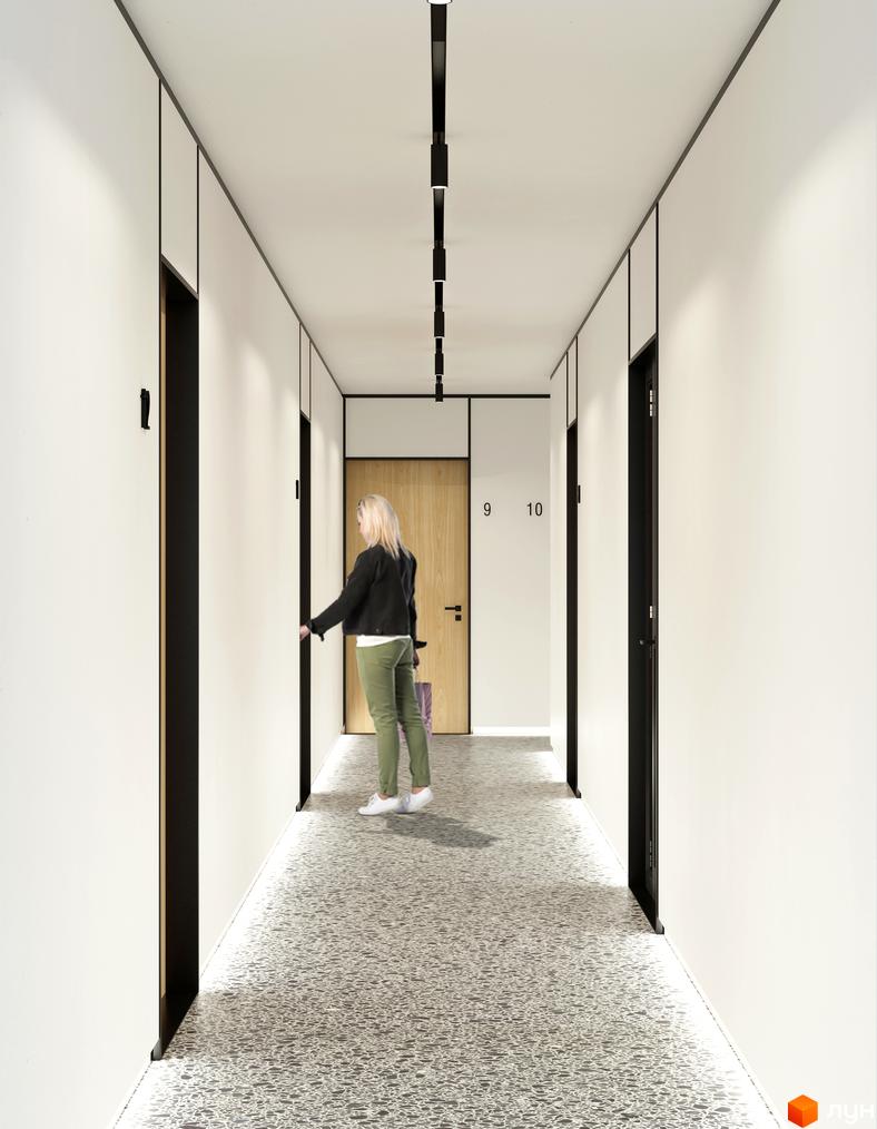 Інтер'єр коридору в Житловому комплексі BOSTON Creative House з білими стінами, темними дверима та освітленням.