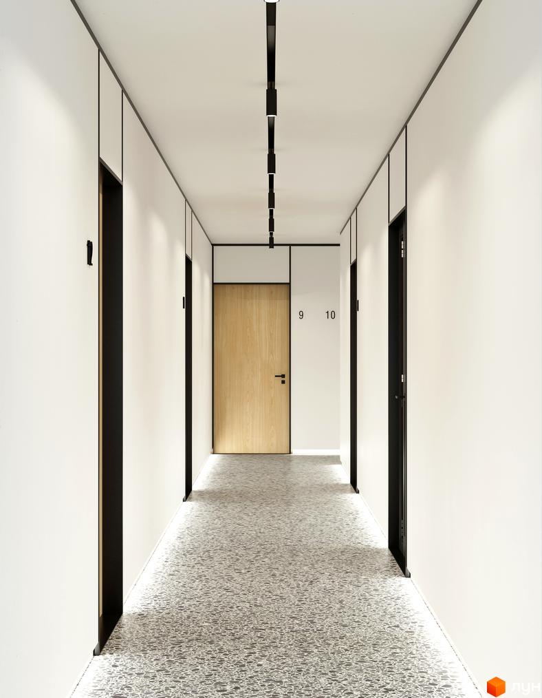 Інтер'єр коридору з дверима у Житловому комплексі BOSTON Creative House. Вигляд довгого коридору з білими стінами та темними дверними рамами.