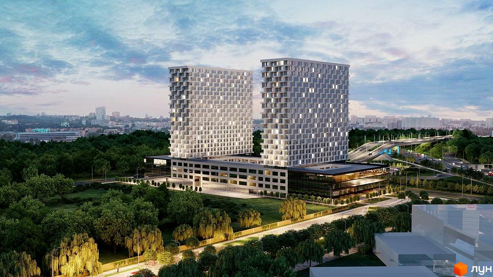 Зображення двох високих будинків у Житловому комплексі BOSTON Creative House. Навколо будівель зелені дерева та дорога.