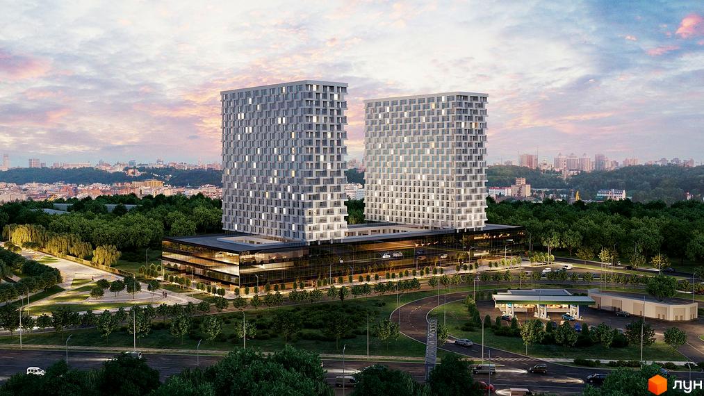 Зображення комплексу BOSTON Creative House з двома високими будівлями та скляною основою. Навколо зелена територія та дорога.