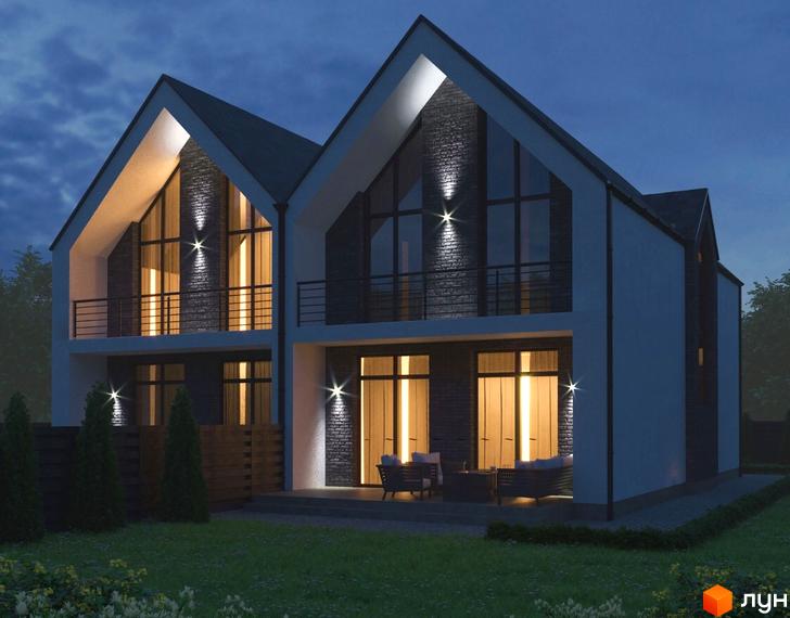 Дуплекс MANHATTAN з двома поверхами, великими вікнами та балконами, освітлений вночі. Прибудинкова територія з газоном та деревами.