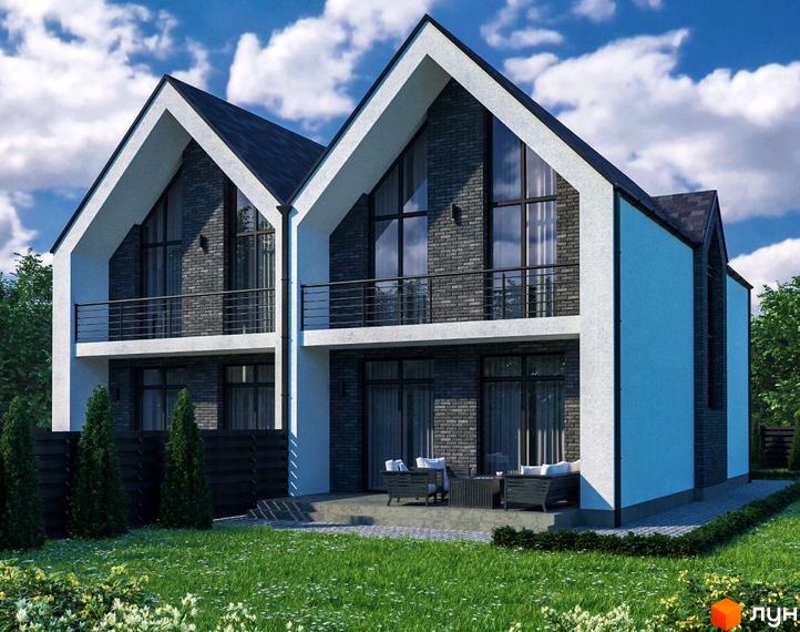 Два дуплекси MANHATTAN з білими фасадами та темною цегляною кладкою, балконами та великими вікнами. Навколо зелений газон, дерева та квіти.