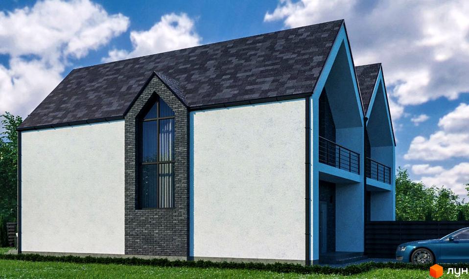 Сучасний дуплекс MANHATTAN з білою штукатуркою та темною черепицею, вікном у формі стріли та балконами. Навколо зелений газон та синій автомобіль.