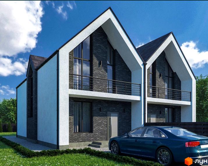 Зображення будинку в житловому комплексі Дуплекс MANHATTAN. Двоповерховий будинок з білими стінами та темною цегляною кладкою, перед будинком газон та автомобіль.