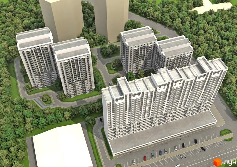 Житловий комплекс Альтаїр з висотними будинками, розташований серед зелених насаджень. На території комплексу є парковка для автомобілів.