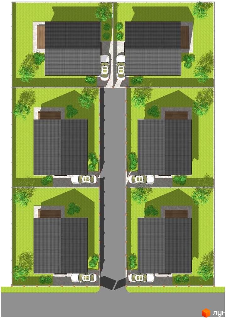 Котеджне містечко КМ Одноповерховий Київ - Старі Петрівці. Вид зверху на одноповерхові будинки з сірими дахами, прибудинковою територією та автомобілями.