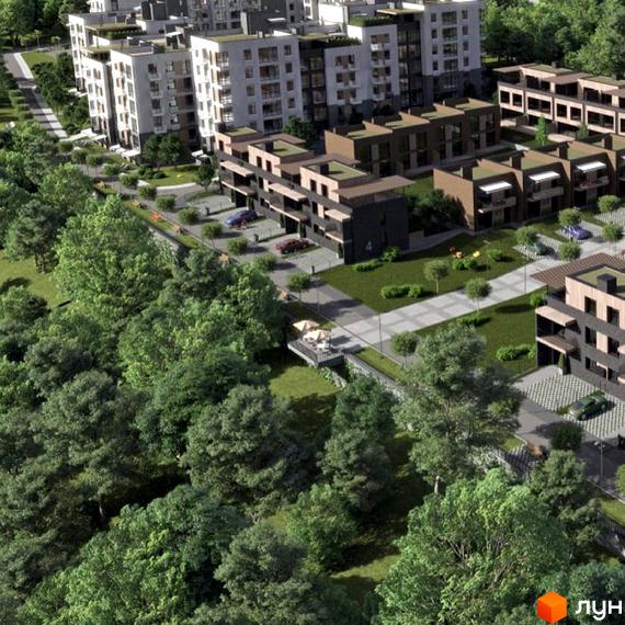 Вид на ЖК Forest Hill з висоти пташиного польоту: будинки з плоскими дахами, поруч зелені насадження та парковка для авто.