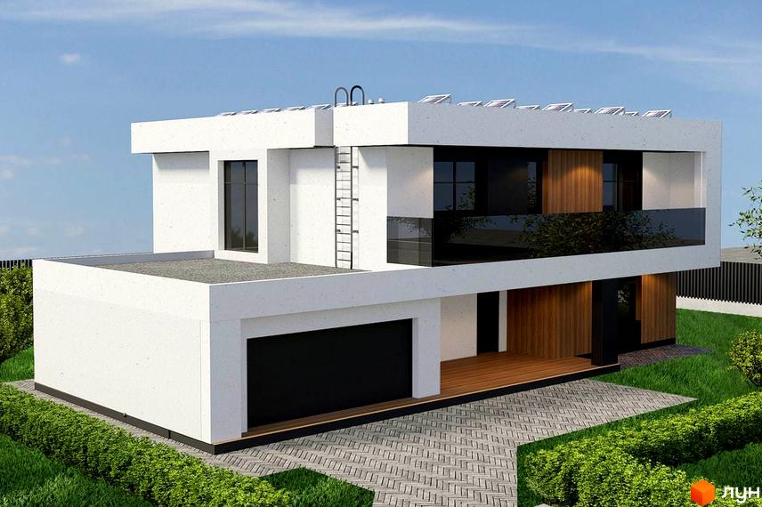 Котеджне містечко КМ Marina Club: двоповерховий будинок з білими фасадами, великими вікнами, балконом зі скляним огородженням, терасою та сонячними панелями на даху. Навколо будинку зелений газон, доріжка з бруківки та кущі.