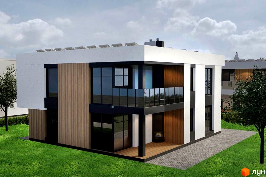 Котеджне містечко Marina Club: двоповерховий будинок з білою та дерев'яною обшивкою, великими вікнами та скляною огорожею на балконі. Навколо будинку зелена галявина та бруківка.