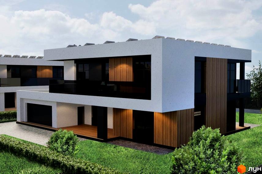 Котеджне містечко КМ Marina Club: двоповерховий будинок з дерев'яними та білими фасадами, панорамними вікнами та доглянутою зеленою територією навколо.