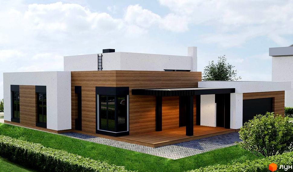 Котеджне містечко КМ Marina Club. Одноповерховий будинок з дерев'яним фасадом, білими вставками та великими вікнами, розташований на доглянутій ділянці з газоном та кущами.