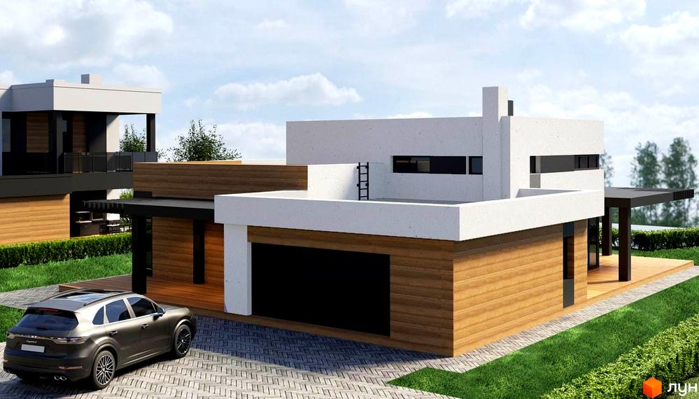 Котеджне містечко КМ Marina Club. Сучасний двоповерховий будинок з дерев'яним оздобленням фасаду, великими вікнами та прибудинковою територією з газоном та доріжками.