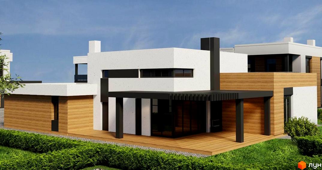 Котеджне містечко КМ Marina Club: двоповерховий будинок з дерев'яним оздобленням та великими вікнами, оточений зеленню. Огляд фасаду новобудови.