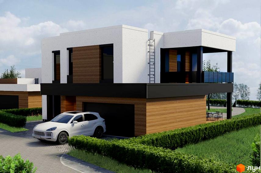 Котеджне містечко КМ Marina Club з білою фасадною частиною, дерев'яними вставками та навісом над терасою. Прибудинкова територія з доглянутим газоном та кущами.