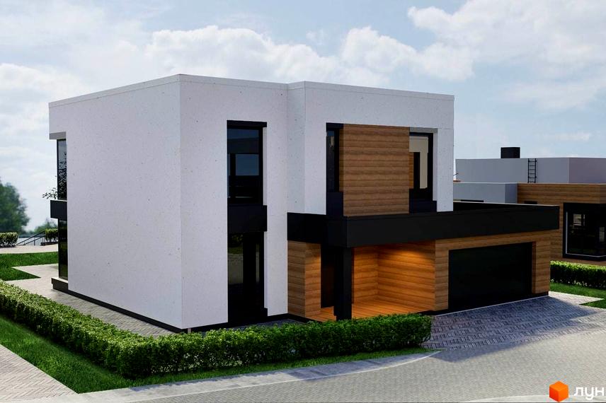 Котеджне містечко Marina Club: двоповерховий будинок з білими стінами, дерев'яними вставками та чорними вікнами. Поруч доглянутий газон та доріжка.