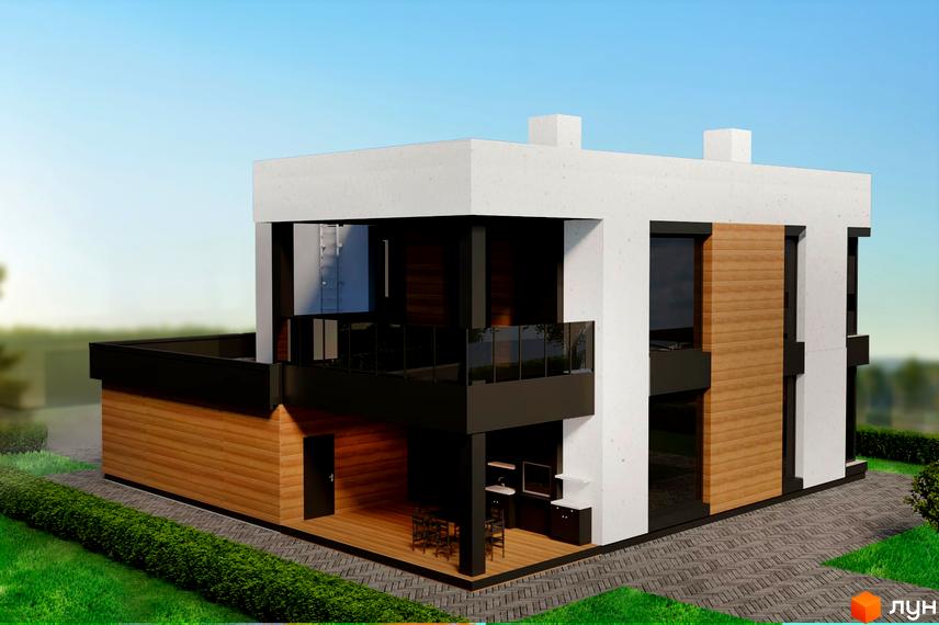 Котеджне містечко КМ Marina Club: двоповерховий будинок з дерев'яною обшивкою та великими вікнами, поруч зелений газон та вимощена доріжка.