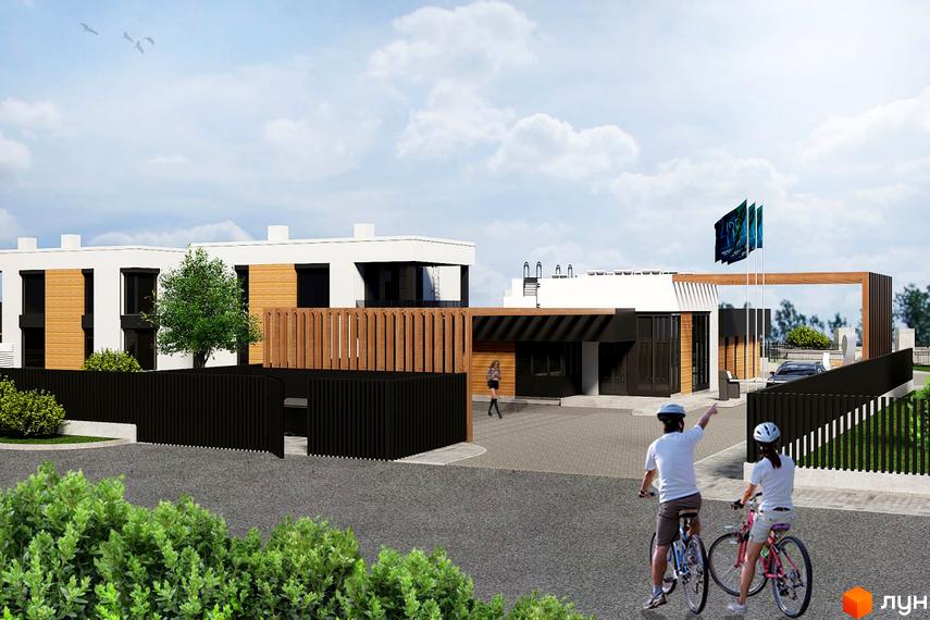 Котеджне містечко КМ Marina Club. Фасади будівель оздоблені деревом та білою штукатуркою, огороджена територія з парканом та зеленими насадженнями.