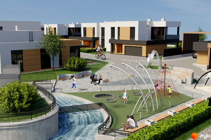 Зображення сторінки житлового комплексу КМ Marina Club. На фото будинки з білими фасадами та дерев'яними вставками. На території дитячий майданчик, лавки та зелені насадження.