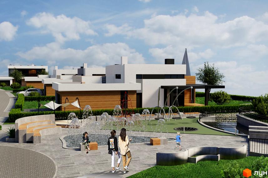 Котеджне містечко Marina Club: білі будинки з дерев'яними елементами та дитячий майданчик з фонтанами. Територія комплексу з ландшафтним дизайном та зонами відпочинку.