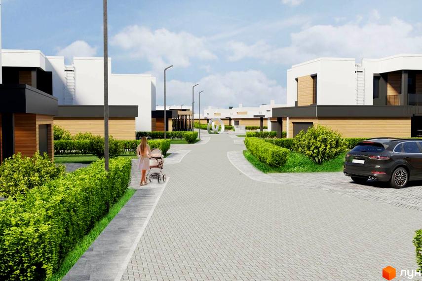 Котеджне містечко Marina Club: фасади будинків з дерев'яними елементами та сірими вставками, доглянута прибудинкова територія з кущами та бруківкою.