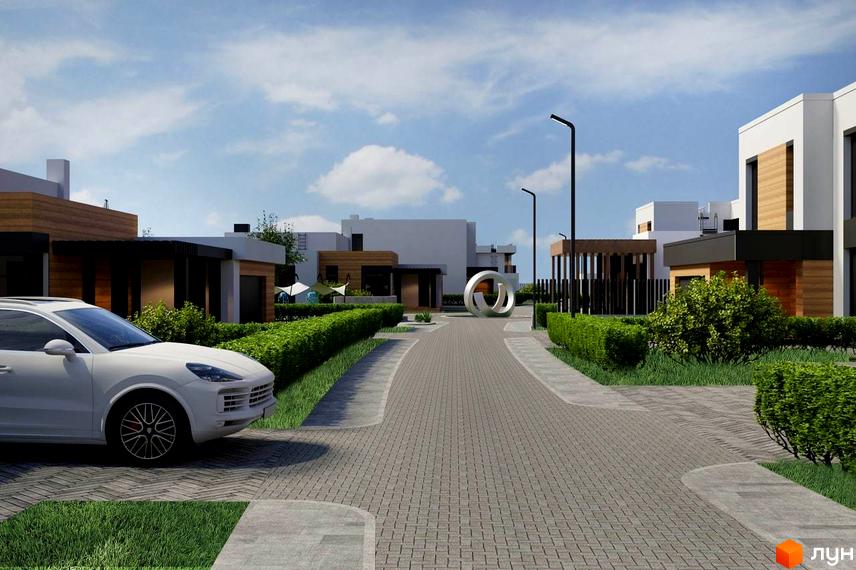 Котеджне містечко KM Marina Club: фасади будинків з дерев'яними елементами та прибудинкова територія з ландшафтним дизайном. Огляд новобудови.