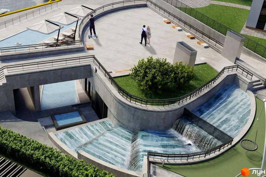 КМ Marina Club: екстер'єр комплексу з басейнами та водоспадами, зона відпочинку з парасольками та лежаками, зелена зона з кущем.
