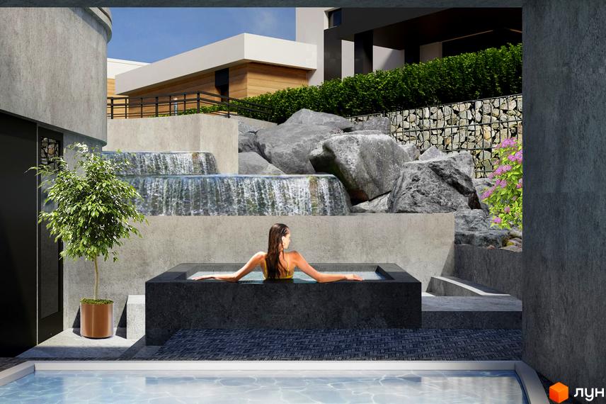 Котеджне містечко Marina Club: жінка відпочиває у джакузі на тлі каскадного водоспаду та скель. Прибудинкова територія з басейном та зеленню.