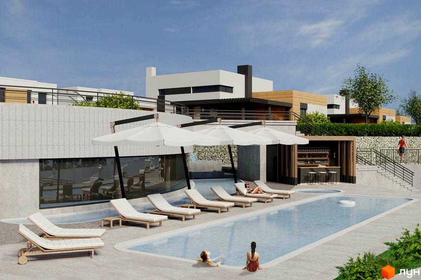 Котеджне містечко КМ Marina Club з басейном та зоною відпочинку. Сучасна архітектура будівель та доглянута прибудинкова територія.