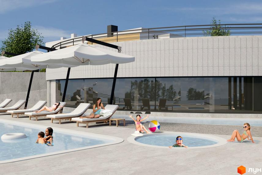 Котеджне містечко КМ Marina Club з басейном та зонами відпочинку. На території комплексу розташовані шезлонги під парасолями, діти купаються в басейні.