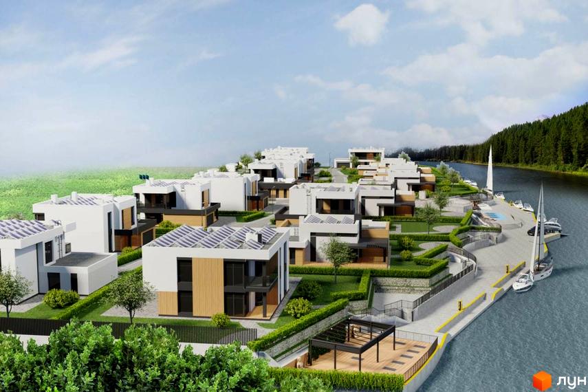 Котеджне містечко КМ Marina Club: білі будинки з дерев'яними елементами та сонячними панелями на дахах, розташовані біля річки з причалом та яхтами.