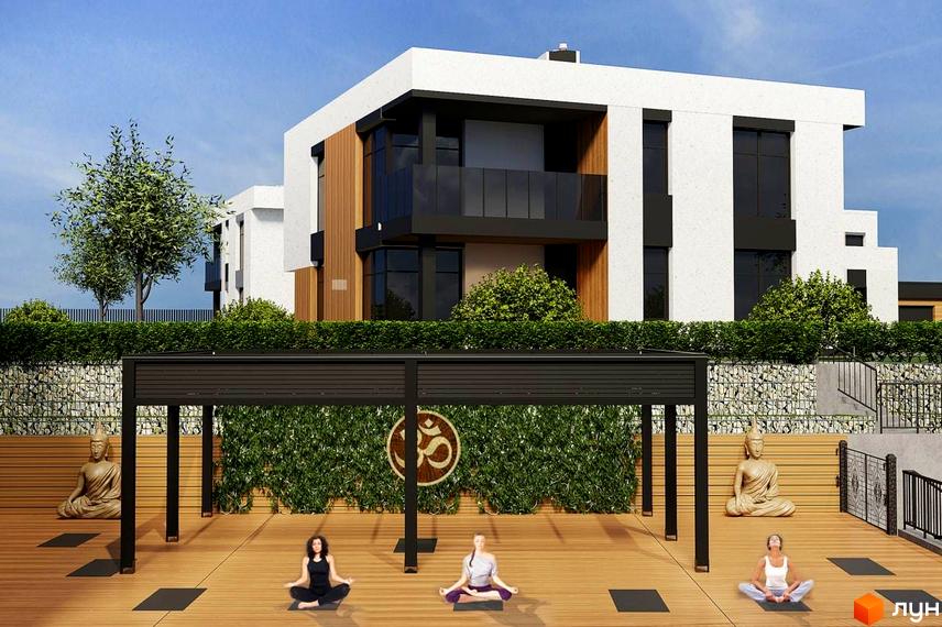 Котеджне містечко Marina Club: триповерхові будинки з дерев'яними та білими фасадами, великими вікнами та балконами. Територія з зоною для йоги, зеленню та статуями Будди.