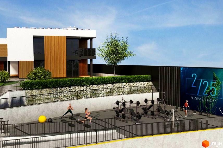 Двоповерховий будинок з дерев'яним оздобленням фасаду та зоною для занять спортом на території. Котеджне містечко Marina Club - ідеальне місце для життя.