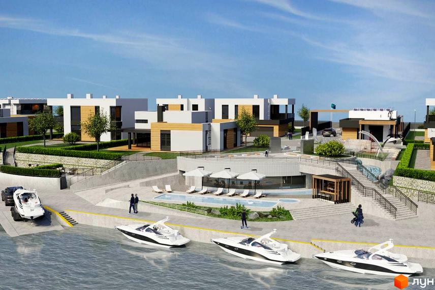 Котеджне містечко КМ Marina Club з білими будинками та басейном біля води. На території розташовані яхти та зелені насадження.