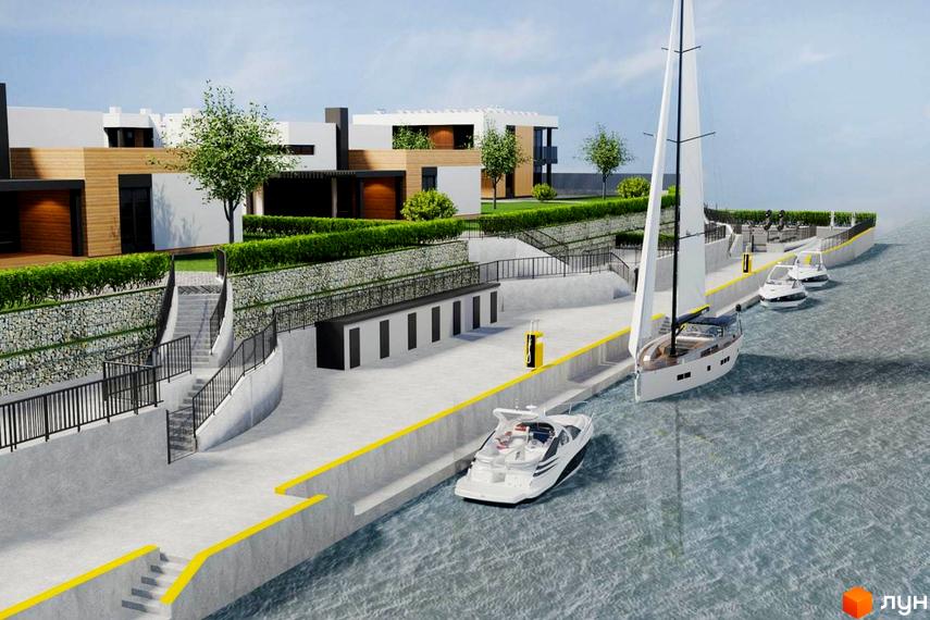 Котеджний комплекс КМ Marina Club з сучасними будинками та набережною з яхтами. На території комплексу розташована зелена зона та зони відпочинку.