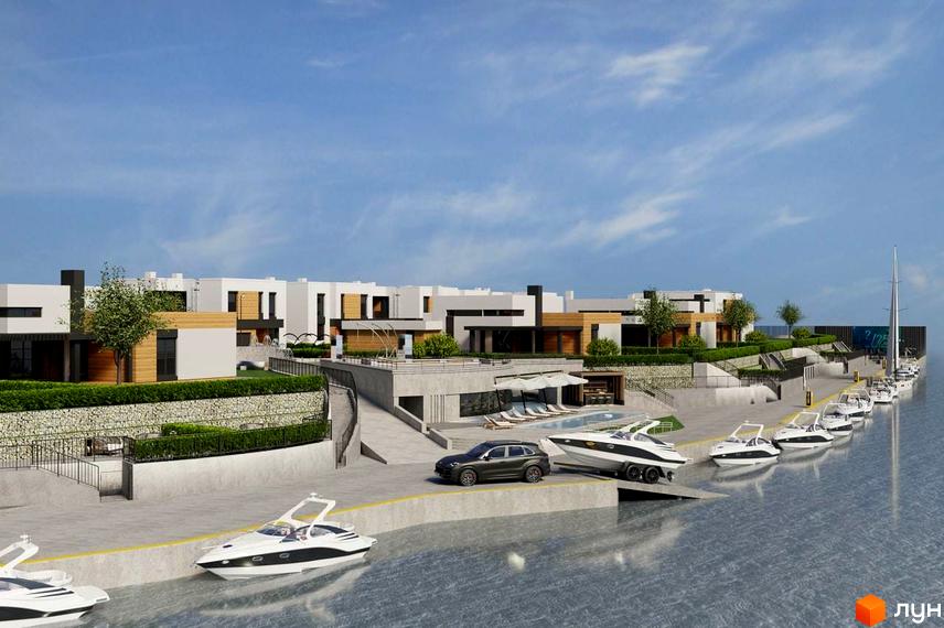 Котеджне містечко КМ Marina Club: фасади будинків з панорамними вікнами та терасами, басейн, яхти та причал.