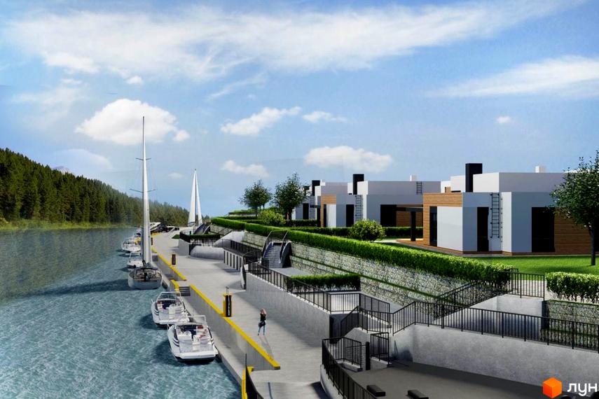 Зображення сторінки житлового комплексу КМ Marina Club. На фото будинки з білими стінами та дерев'яними вставками, поруч причал з яхтами та зелена територія.