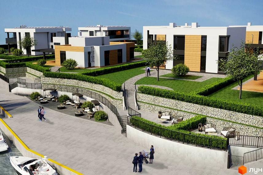 Котеджне містечко Marina Club з білими будинками з дерев'яними вставками, терасами та доглянутою територією з газонами, зеленими насадженнями та місцями для відпочинку.