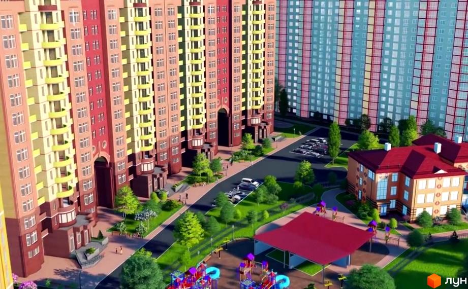 Житловий комплекс Еврика: багатоповерхові будинки з червоними та жовтими фасадами, дитячий майданчик та парковка. Зелена прибудинкова територія з деревами та зонами відпочинку.