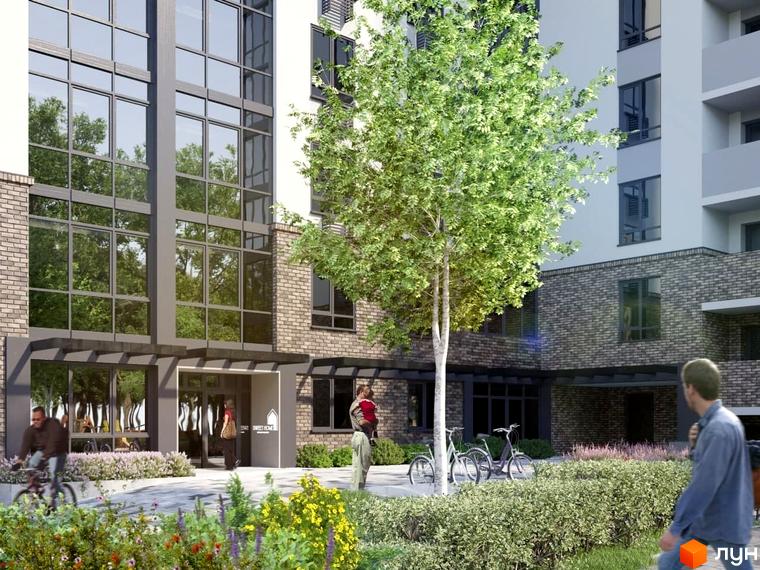 Фасад Житлового комплексу Sweet Home з цегляною кладкою та панорамними вікнами. Облаштована прибудинкова територія з зеленими насадженнями та доріжками.