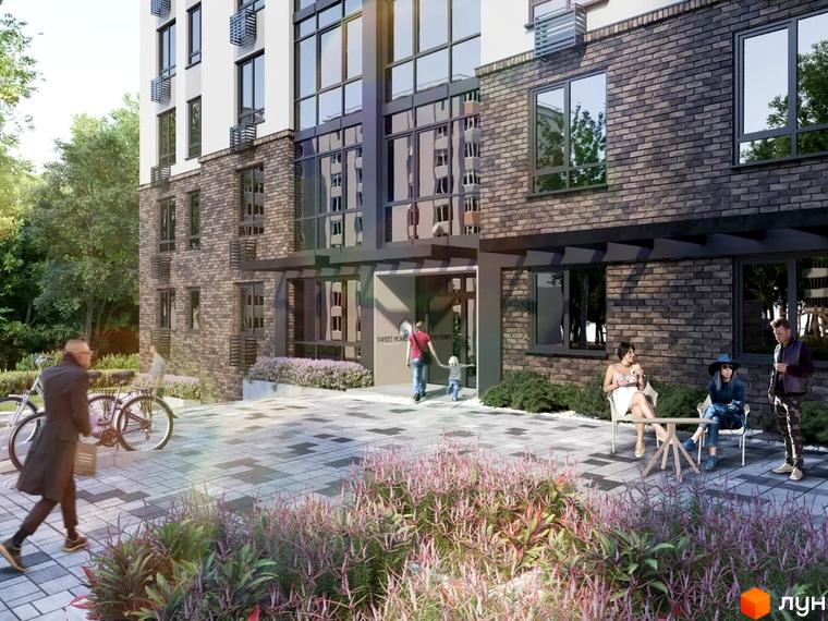 Зовнішній вигляд новобудови ЖК Sweet Home з цегляним фасадом та прибудинковою територією з зонами відпочинку. Сучасний житловий комплекс з елегантною архітектурою.