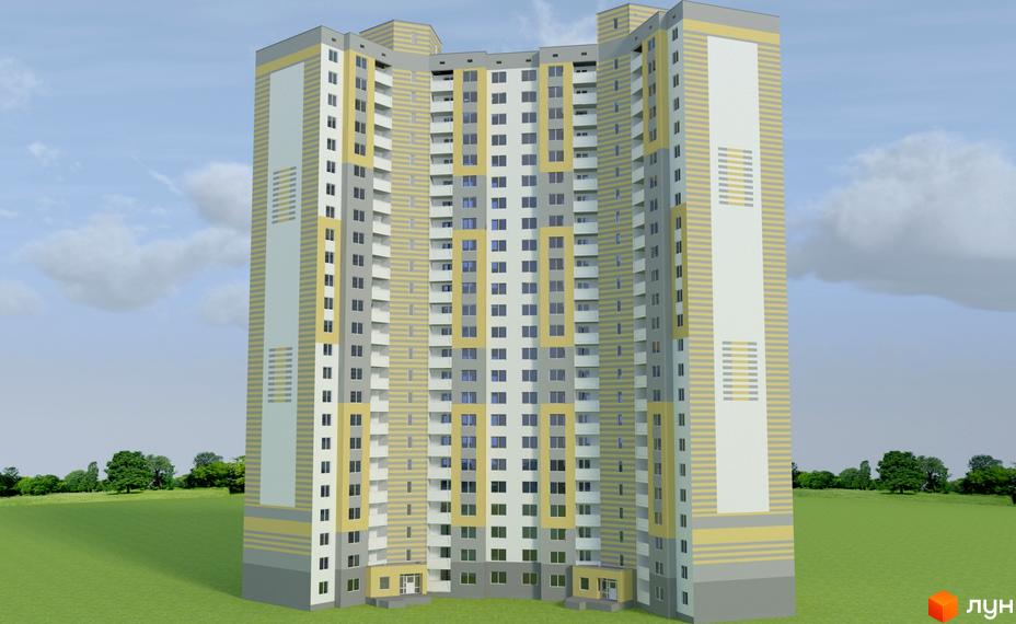 Житловий комплекс Еврика: висотна новобудова з жовто-сірими фасадами та балконами. Навколо зелена галявина та дерева.