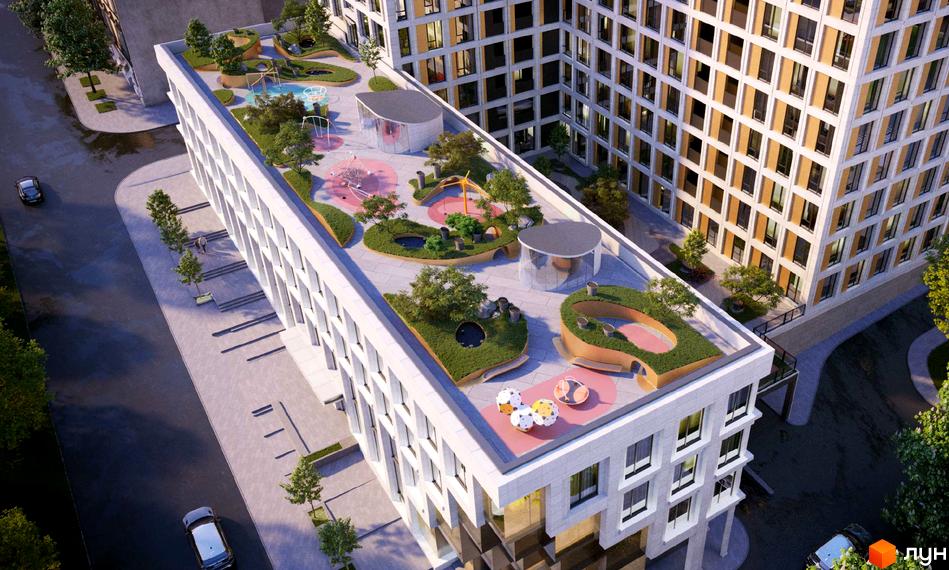 Житловий комплекс CENTOWER: багатоповерховий будинок світлого кольору з сітчастим фасадом. На даху облаштований зелений простір з дитячими майданчиками та зонами відпочинку.